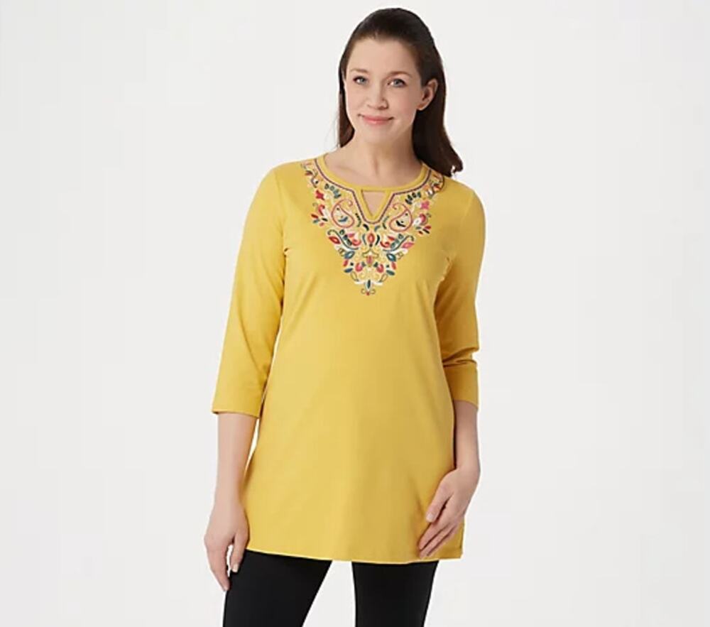 Denim & Co. Womens Tunic Top XXS Yellow Round Neck Embroidered 3/4 Sleeve NWOT